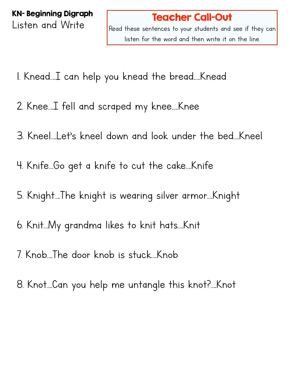 Teacher call-out page for KN- listen-and-write practice, with eight sentences using knead through knot