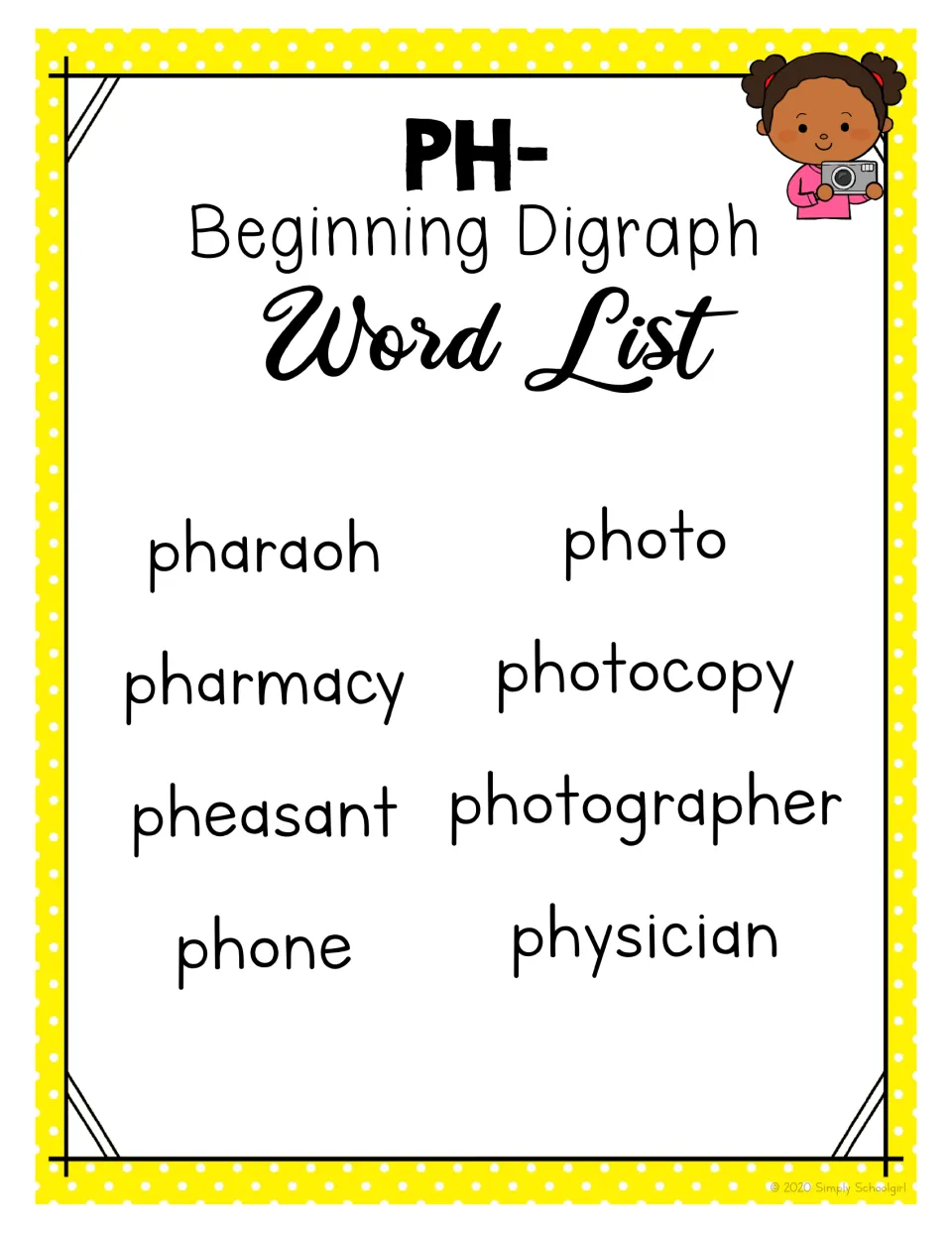 PH- word list: pharaoh, pharmacy, pheasant, phone, photo, photocopy, photographer and physician, all starting with ph