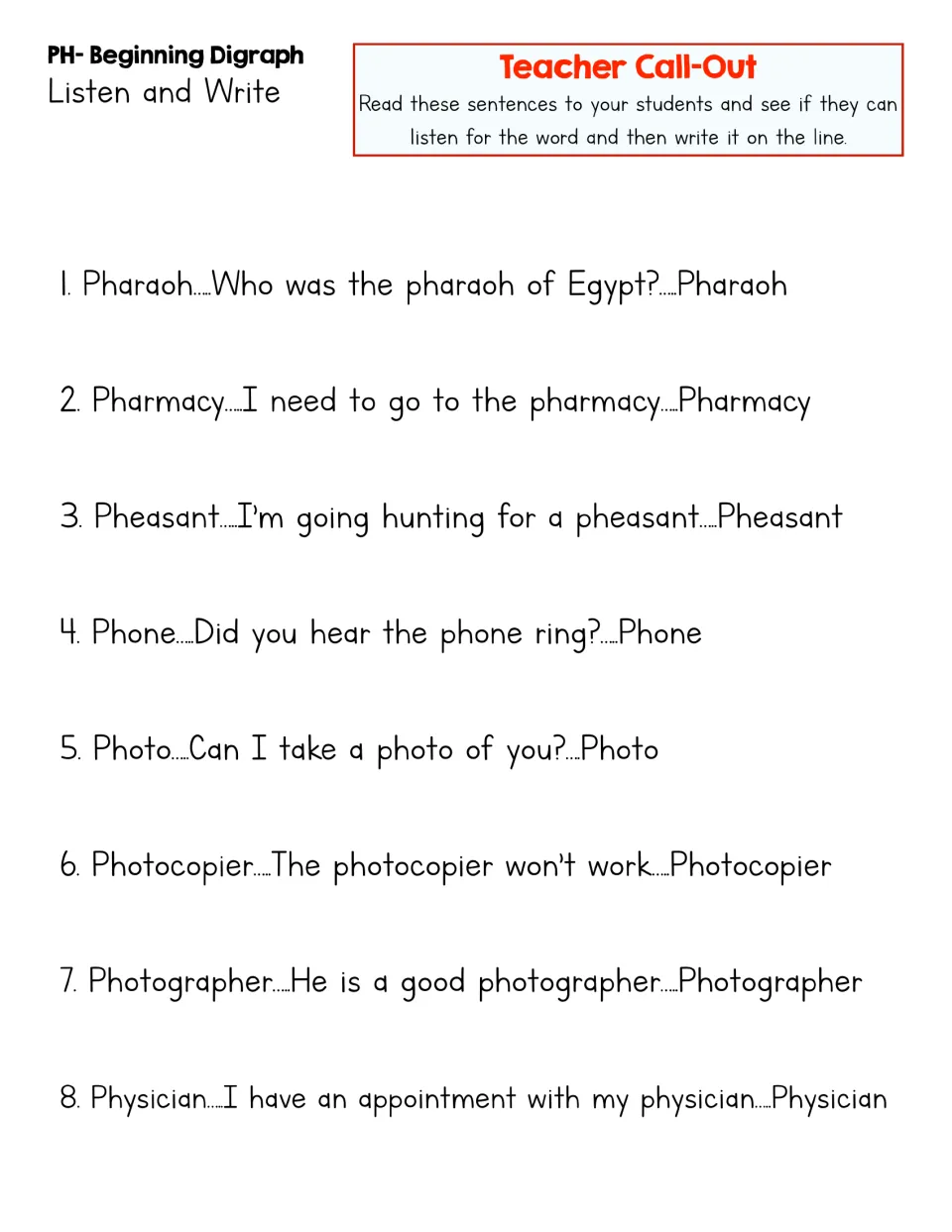 Listen and Write teacher call-out: eight ph words, from pharaoh to physician, read aloud in sentences for students to write