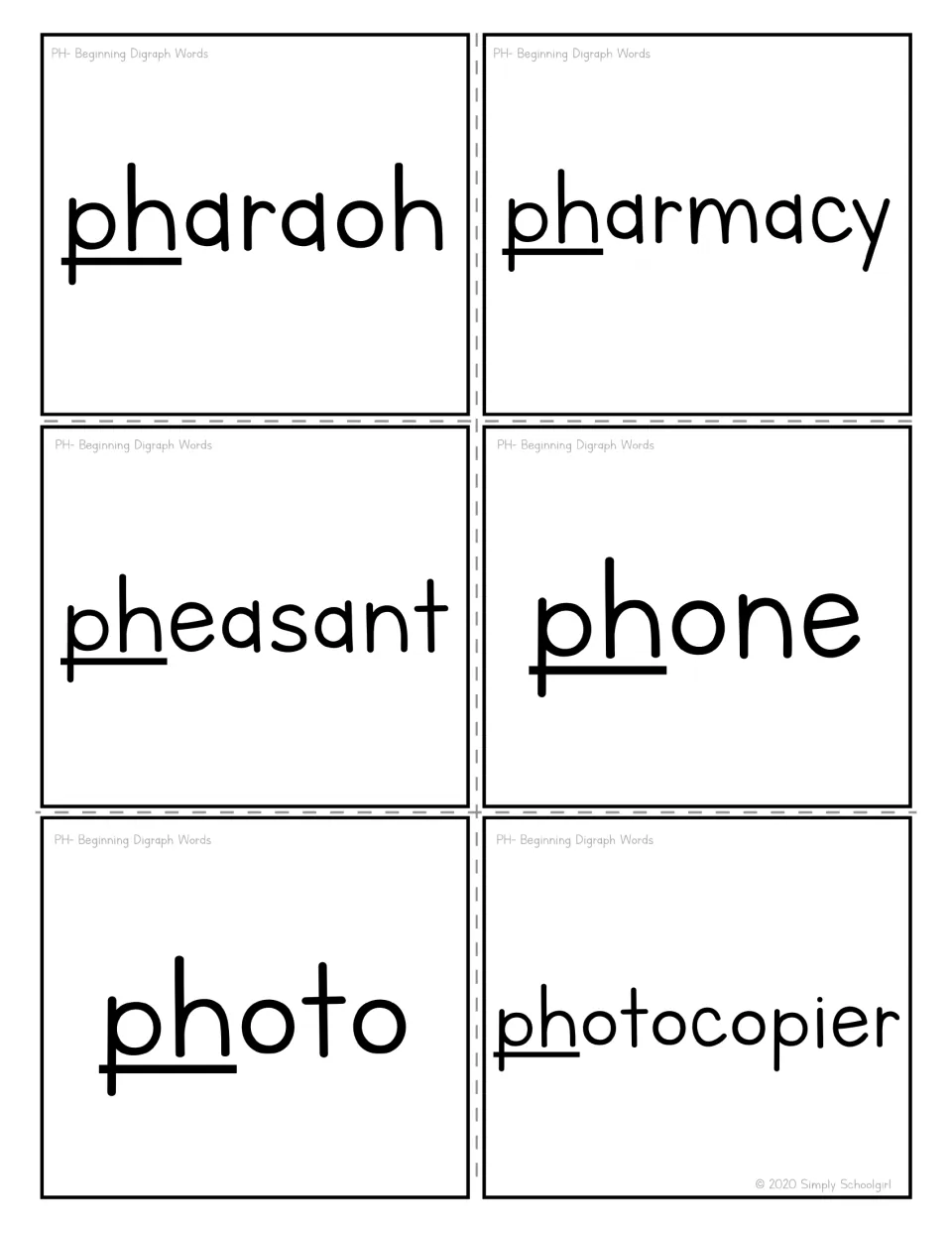 Ph word flashcards with ph underlined: pharaoh, pharmacy, pheasant, phone, photo and photocopier, for reading the digraph