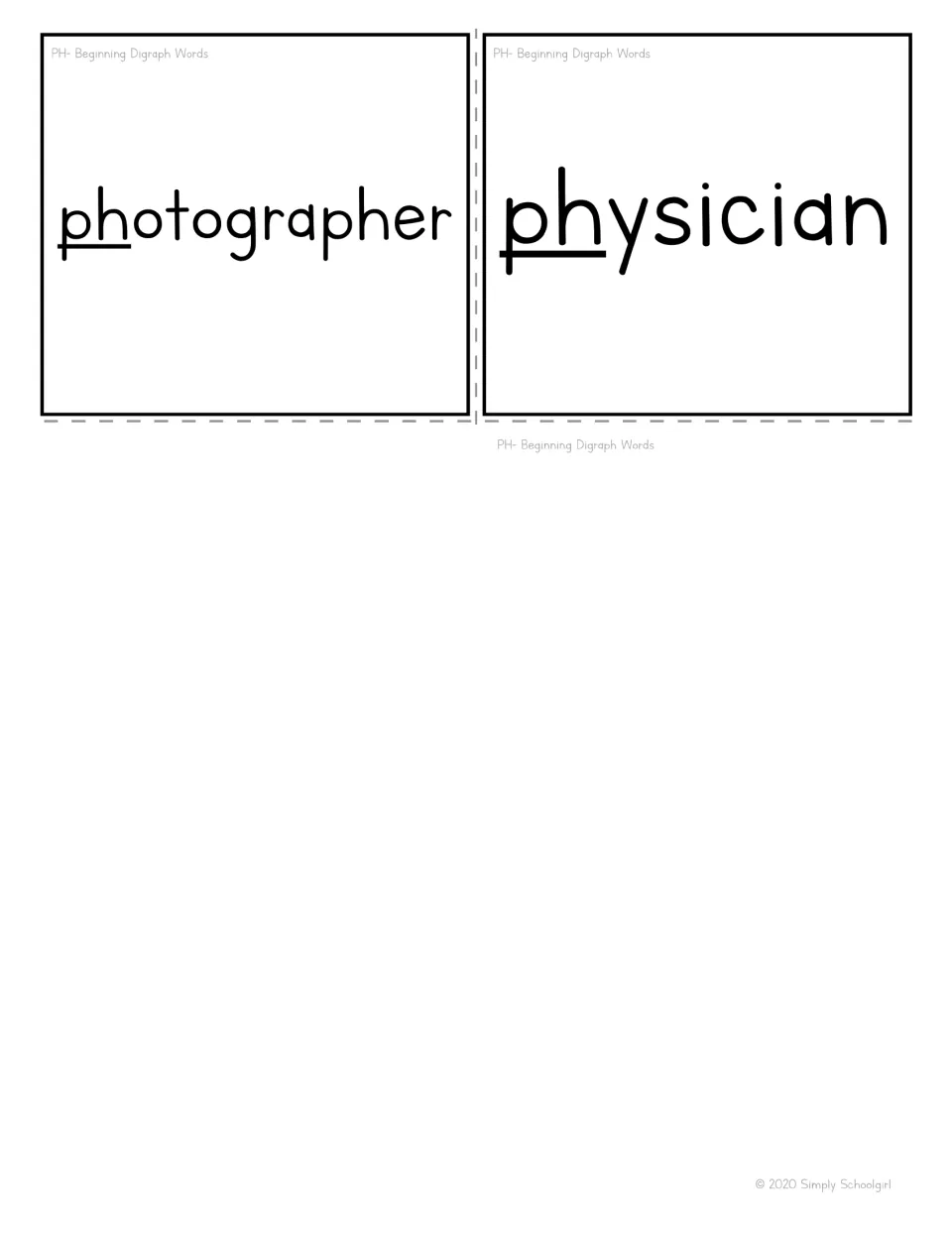 Two more ph word flashcards with the digraph underlined: photographer and physician, completing the word card set