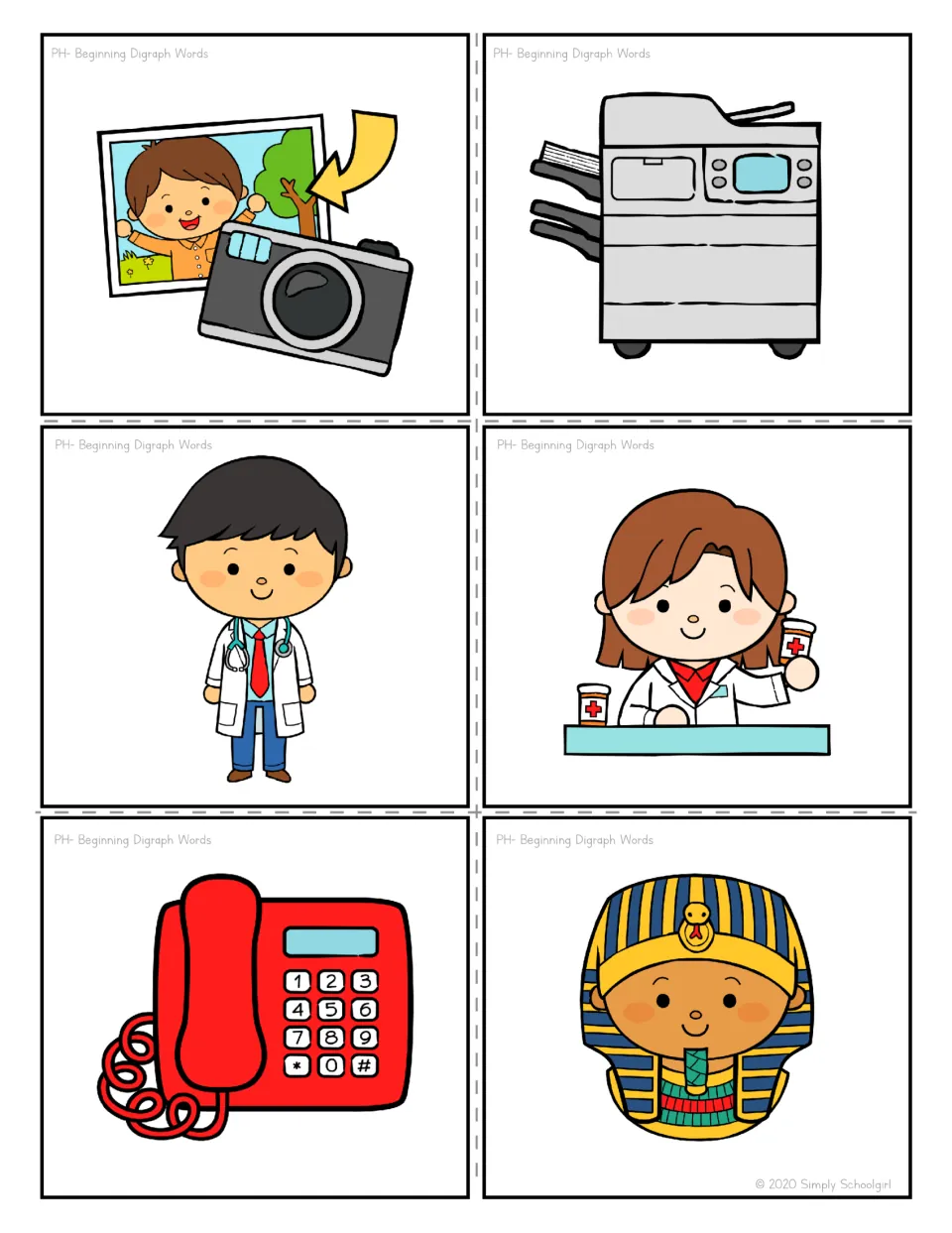 Ph picture cards with no words: camera and photo, photocopier, physician, pharmacy, red phone and pharaoh to name aloud