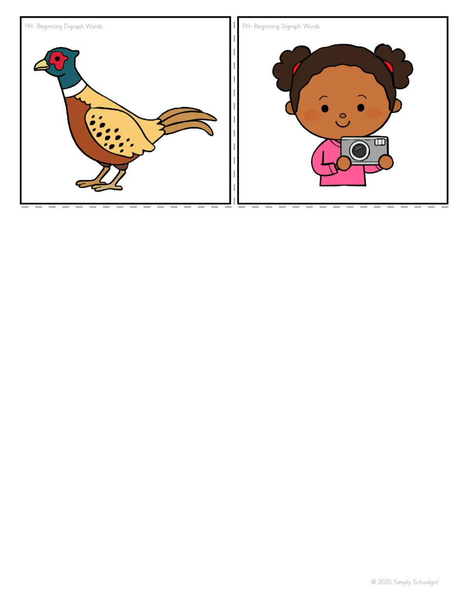 Last two ph picture cards with no words: a pheasant and a girl holding a camera for photographer, for naming or matching