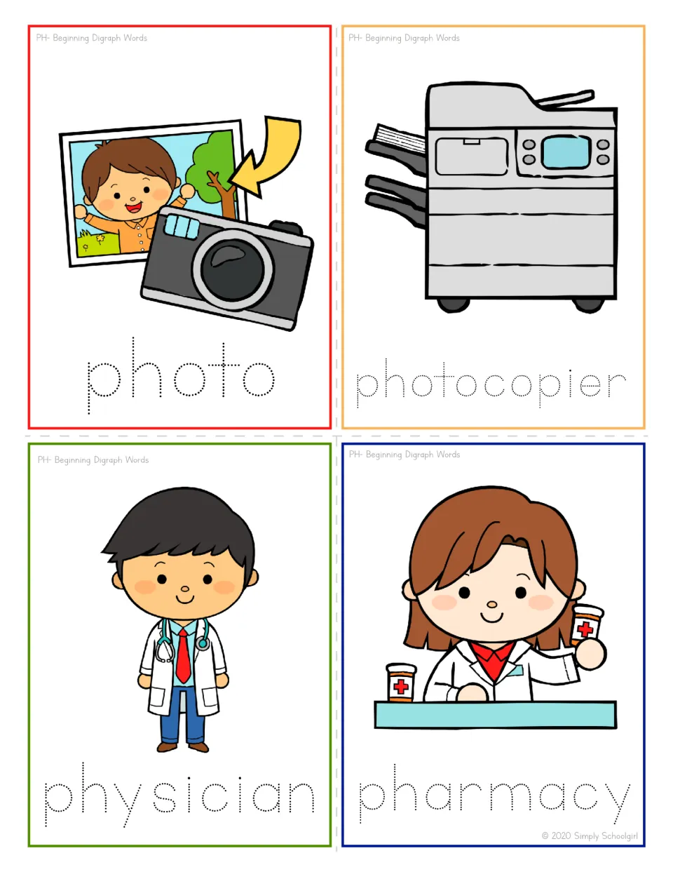 Ph tracing cards: students trace dotted photo, photocopier, physician and pharmacy under each matching picture