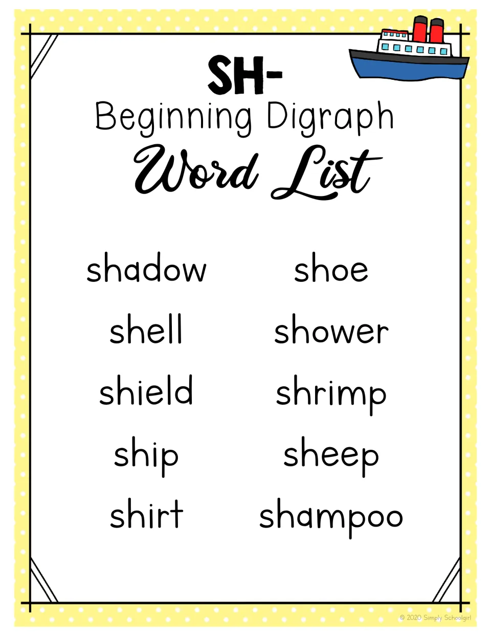 SH- word list: shadow, shell, shield, ship, shirt, shoe, shower, shrimp, sheep and shampoo for reading practice
