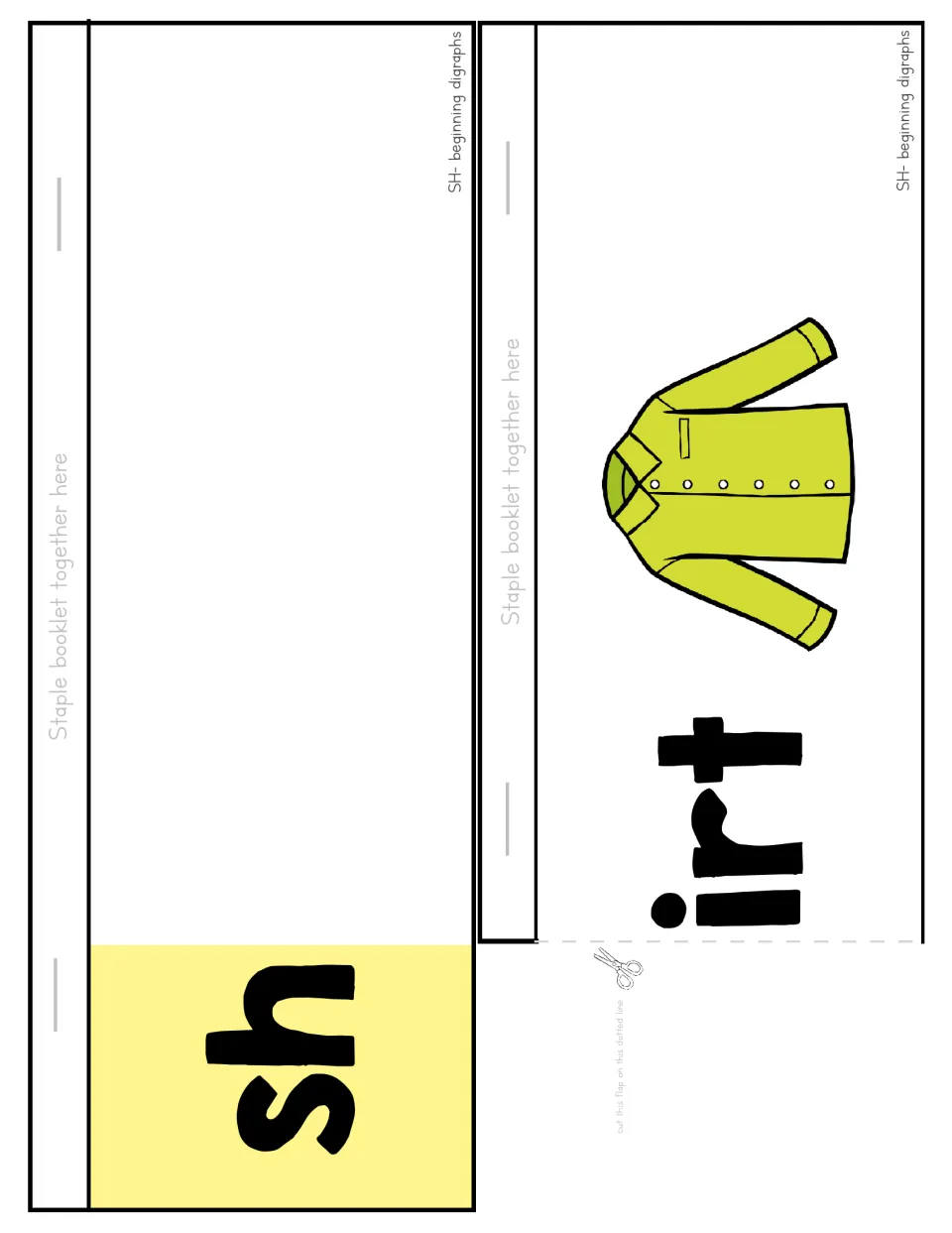 Flip booklet cut-out pieces: the yellow sh cover flap and an irt page with a shirt picture, so students build shirt