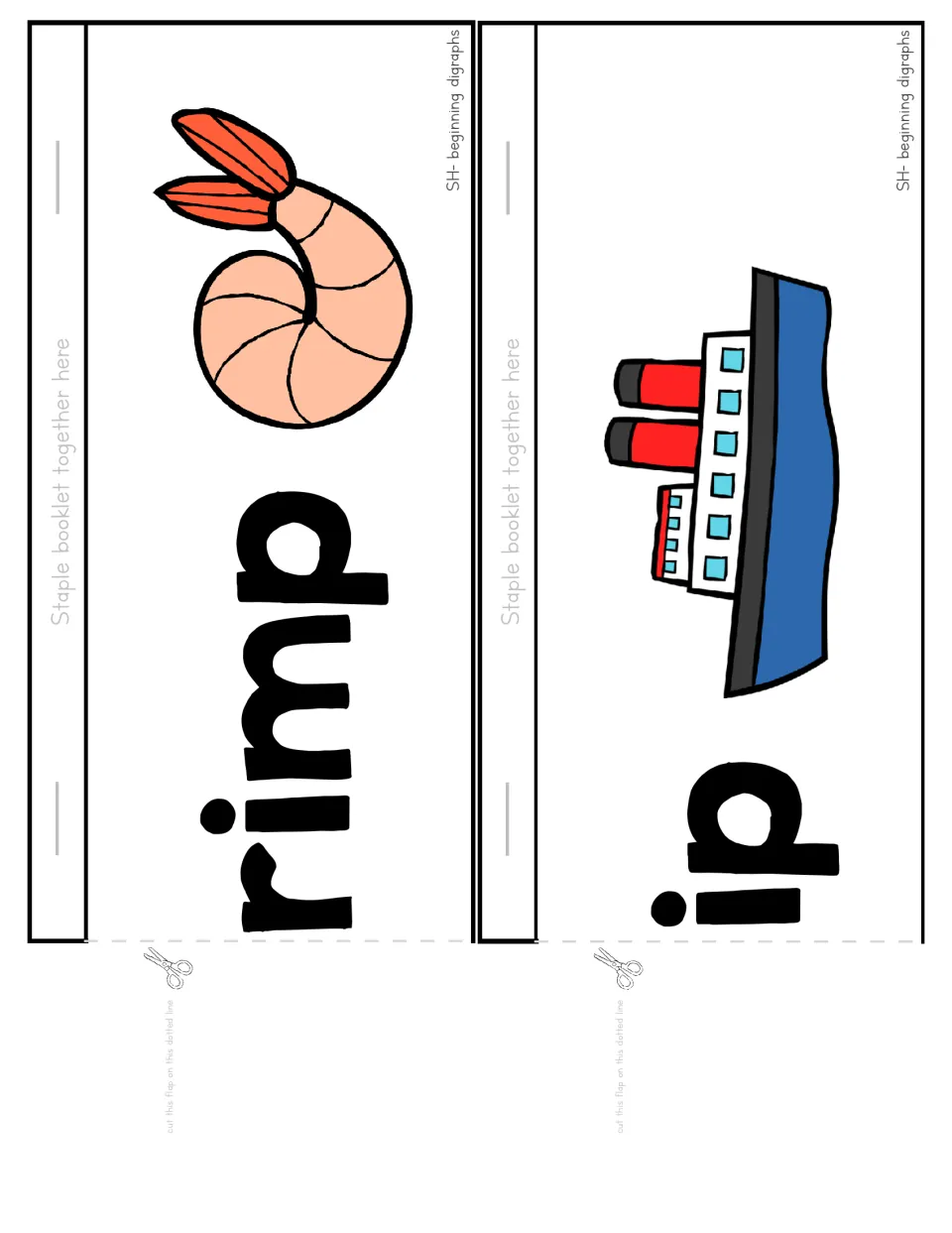 Flip booklet cut-out pieces: rimp with a shrimp picture and ip with a ship picture, read as shrimp and ship