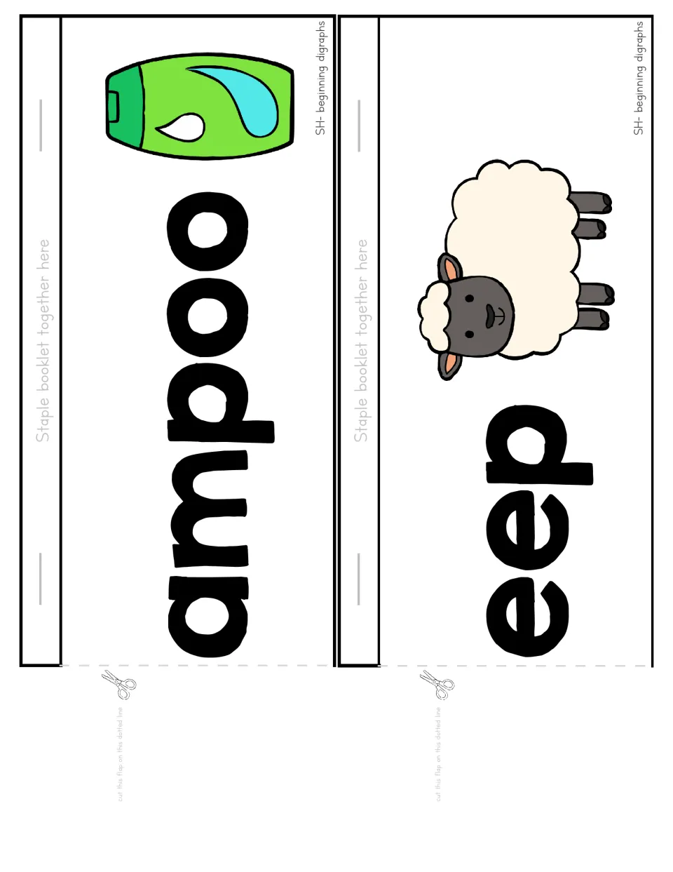 Flip booklet cut-out pieces: ampoo with a shampoo bottle and eep with a sheep, making shampoo and sheep with the sh flap