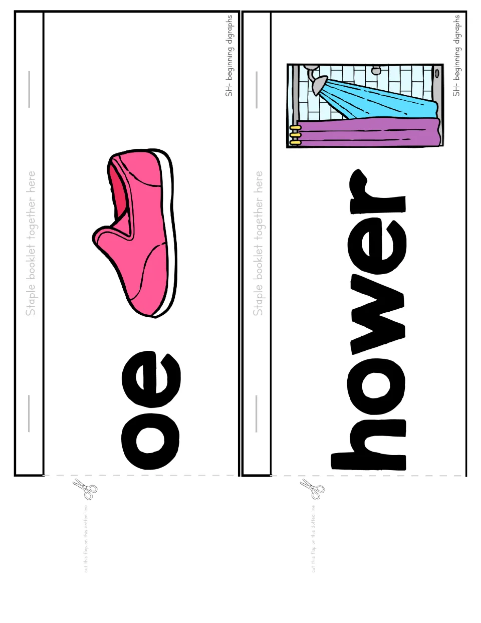 Flip booklet cut-out pieces: oe with a pink shoe and hower with a shower, forming shoe and shower with the sh flap