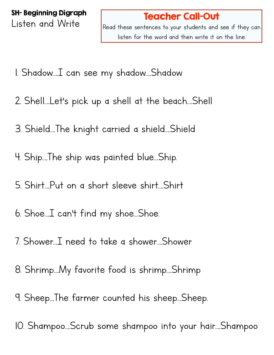 Listen and Write teacher call-out: 10 sh- words, each said in a sentence, for students to hear and write on a line