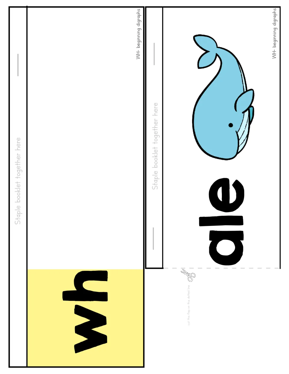 WH booklet assembly sheet includes the shared wh base and an illustrated ale flap to form the word whale
