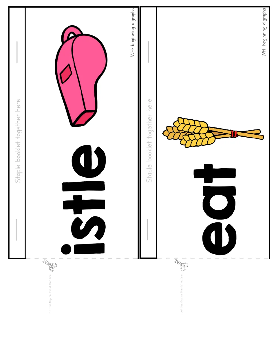 WH booklet flaps show a whistle beside istle and wheat beside eat, joining the shared wh base to make words