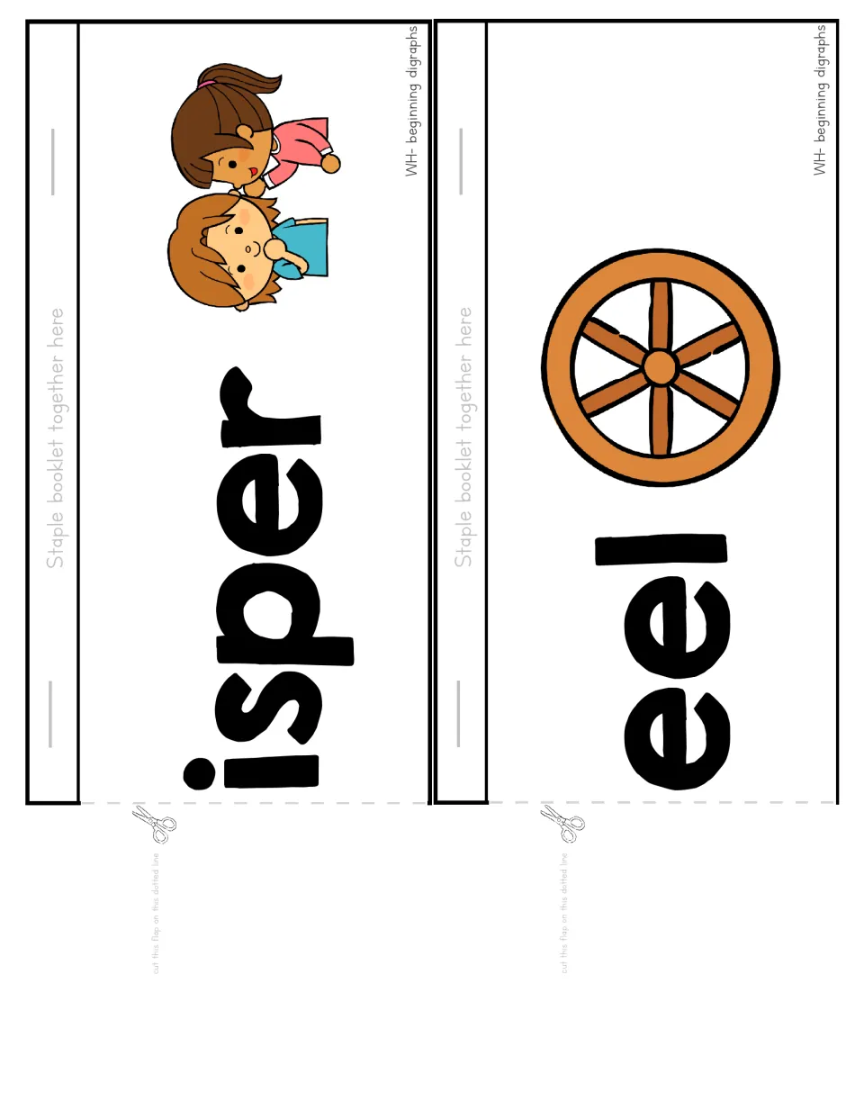 WH booklet flaps show whispering beside isper and a wheel beside eel, joining the wh base to make words