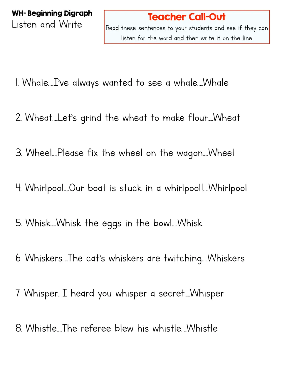 Teacher call-out sheet gives eight WH dictation sentences using whale, wheat, wheel, whisk, and four more