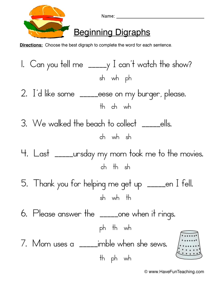 Beginning Digraphs Fill In The Blank Worksheet By Teach Simple