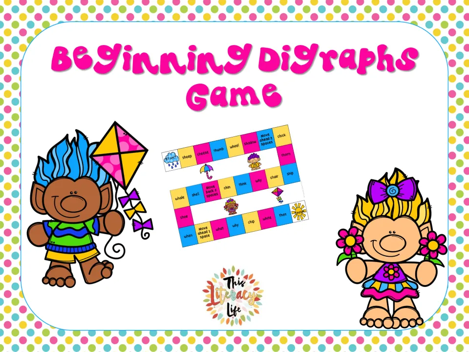 Cover of a troll-themed phonics board game for sh, ch, th and wh words, showing the board with Start and Finish spaces