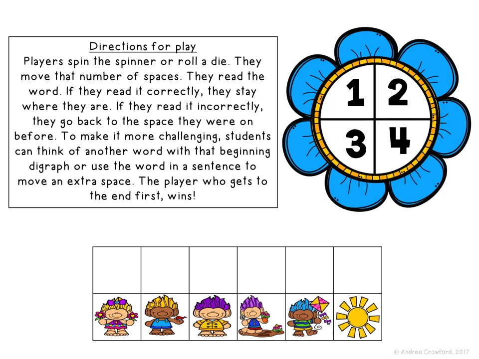Directions for play: spin or roll, move, then read the word; with a 1 to 4 flower spinner and six picture pieces to cut out