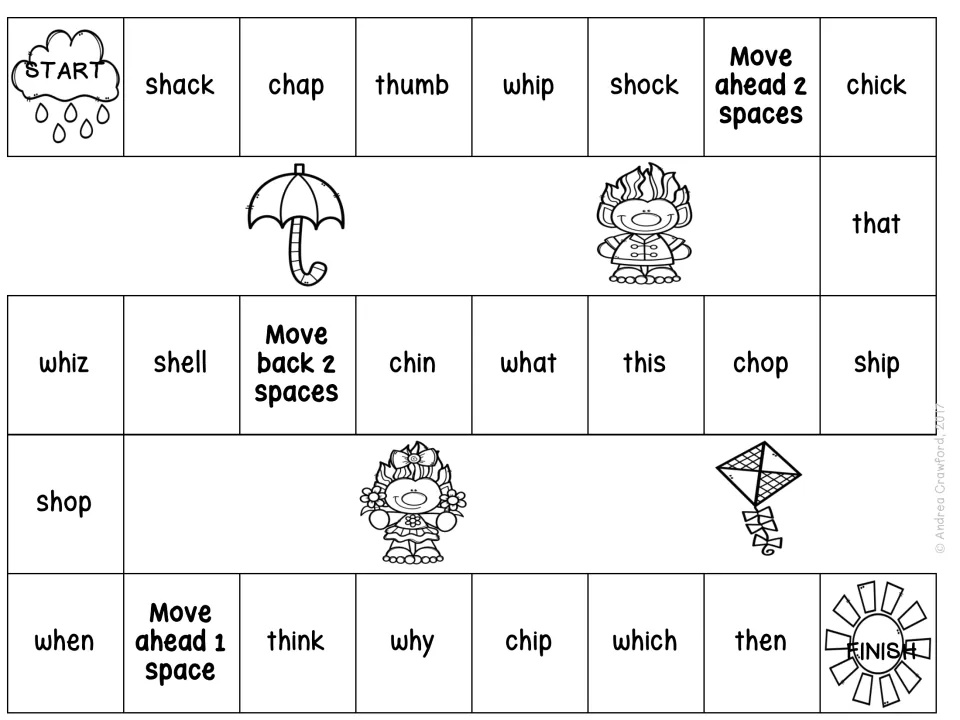 Black-and-white game board: students read digraph words like thumb, chin, which and then, with move ahead and back spaces