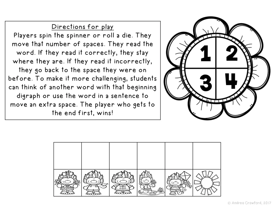 Black-and-white directions for play with a 1 to 4 flower spinner and six picture pieces to cut out for reading digraph words