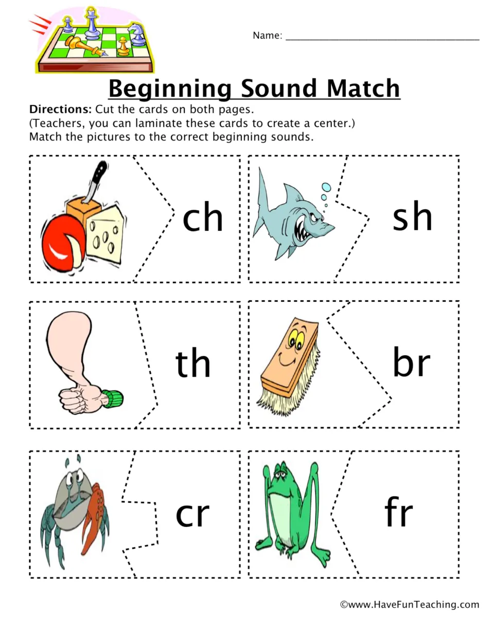 Beginning sound matching cards 1–6: cheese/ch, shark/sh, thumb/th, brush/br, crab/cr, and frog/fr.