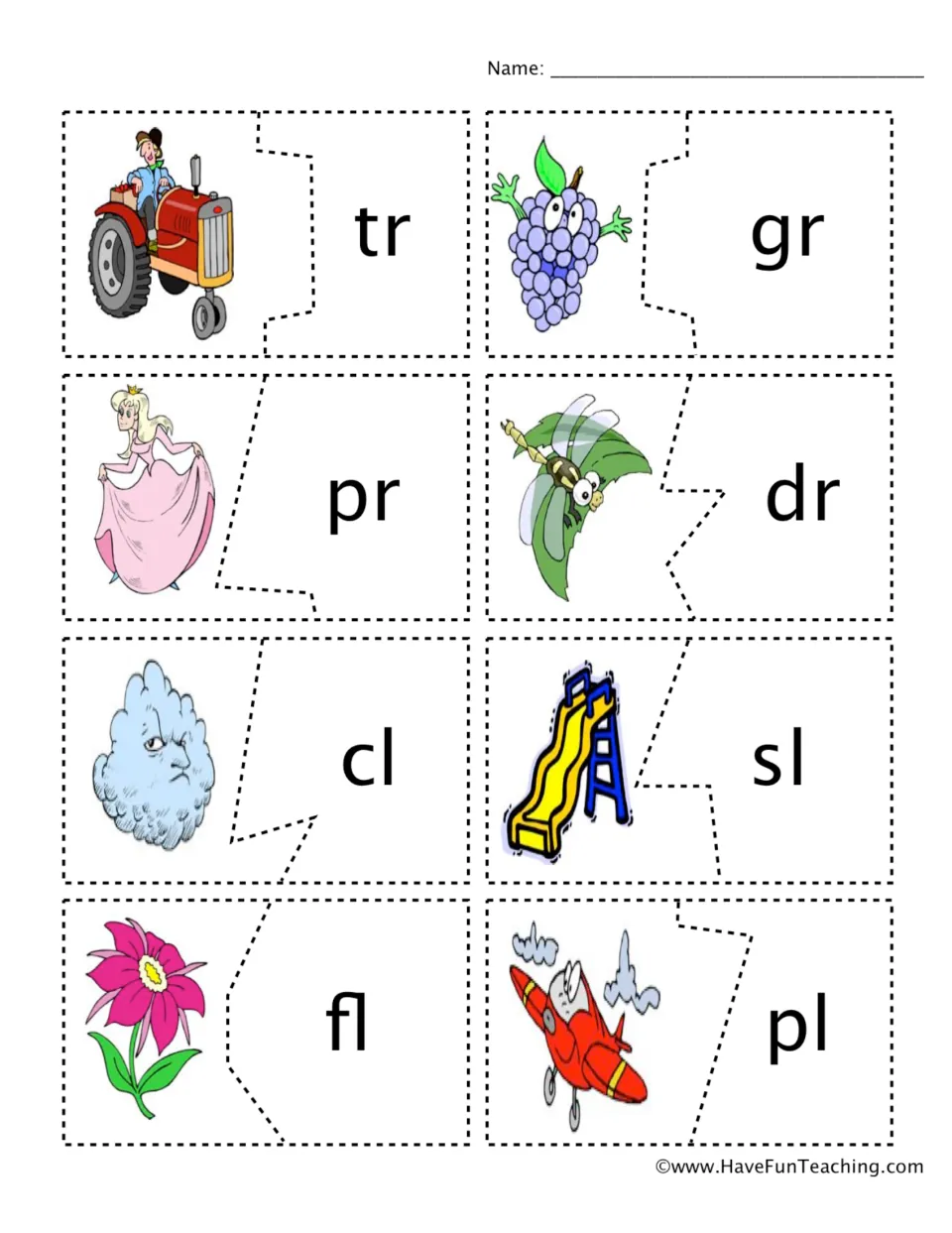Beginning sound matching cards 7–14: tractor/tr, grapes/gr, princess/pr, dragonfly/dr, and four more.