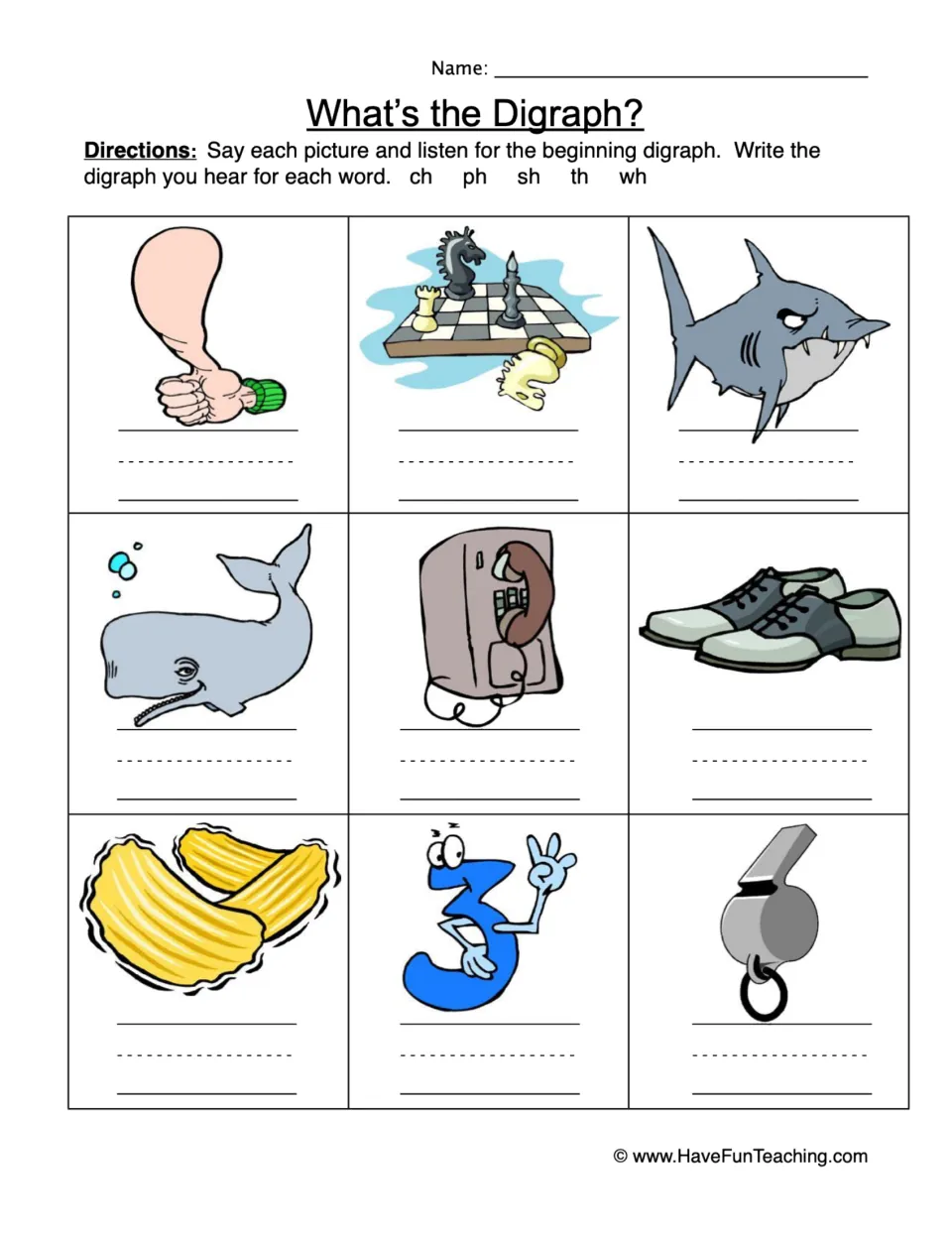 What's the Digraph? Students name 9 pictures, such as shark and phone, and write beginning digraph: ch, ph, sh, th, wh