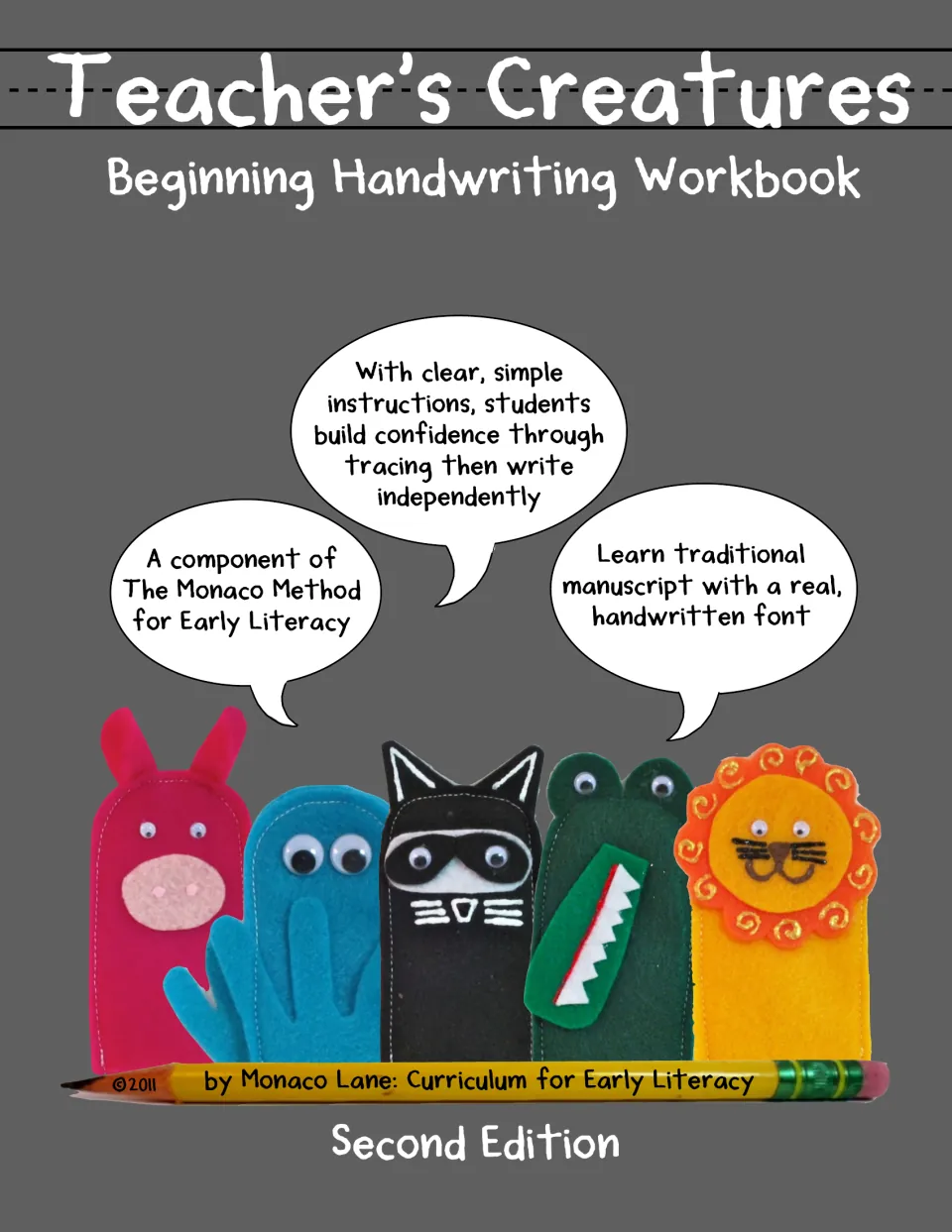 Teacher's Creatures Beginning Handwriting Workbook cover with felt animal puppets: trace letters, then write them alone
