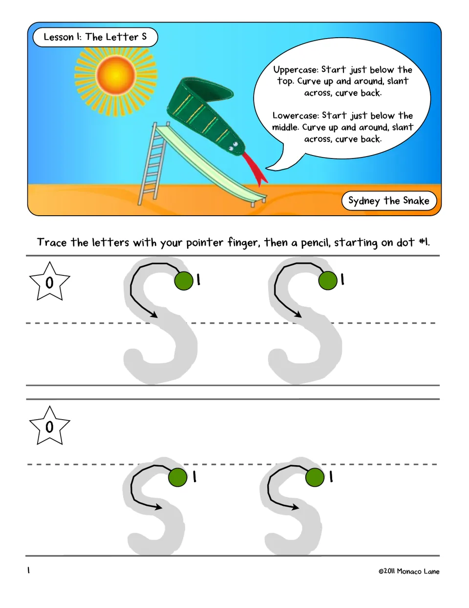 Lesson 1, letter S: Sydney the Snake gives stroke directions; students finger-trace then pencil-trace S and s from dot 1