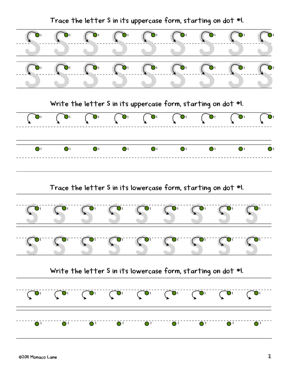Letter S practice: students trace rows of uppercase S and lowercase s, then write each on their own starting at dot 1