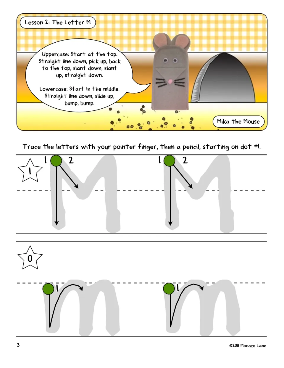 Lesson 2, letter M: Mika the Mouse explains strokes and the one pickup in M; students trace large M and m from dot 1