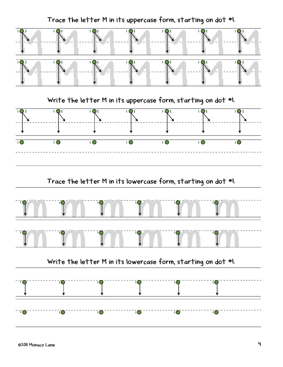 Letter M practice: students trace rows of M and m, then write them independently using numbered start dots and arrows