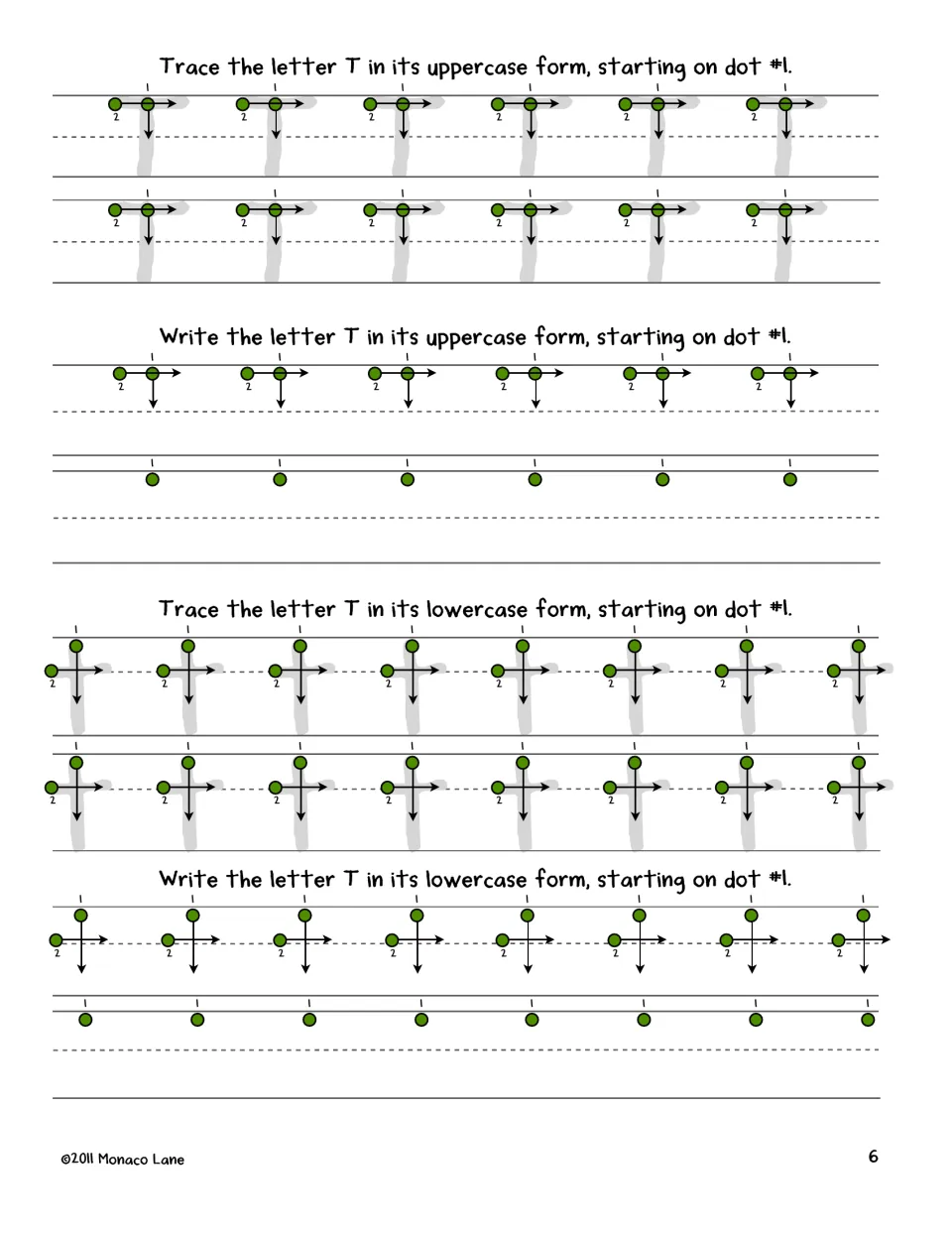 Letter T practice: rows of uppercase T and lowercase t to trace, then write alone, starting at dot 1 and crossing at dot 2