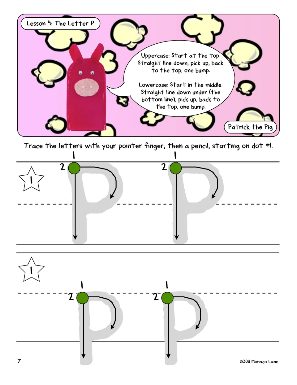 Lesson 4, letter P: Patrick the Pig explains strokes, with lowercase p dropping below the line; students trace big P and p