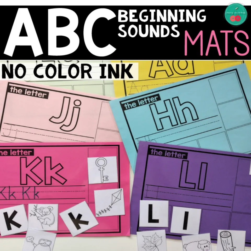 Cover of the beginning sounds mat set, showing letter mats Jj, Hh, Kk and Ll with matching letter and picture cards