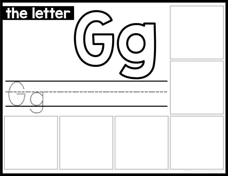 Letter G sorting mat shows uppercase G and lowercase g, with Gg to trace and space for matching cards