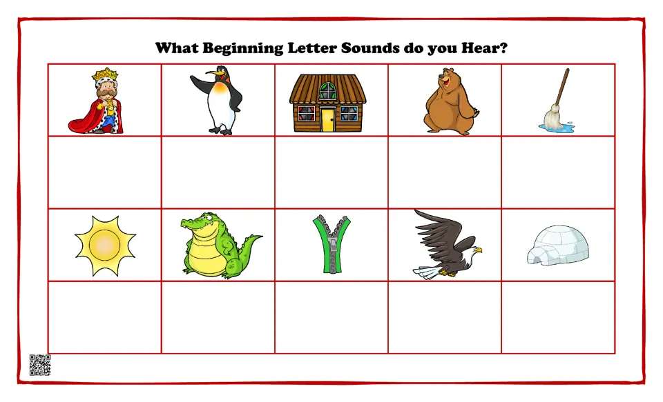 Beginning sounds: students name 10 pictures, such as king, penguin, house, sun and igloo, and write each first letter