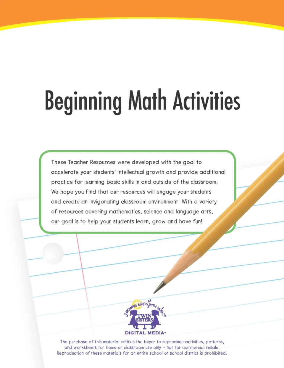 Beginning Math Activities cover introduces the teacher resources and states classroom and home copying permissions.