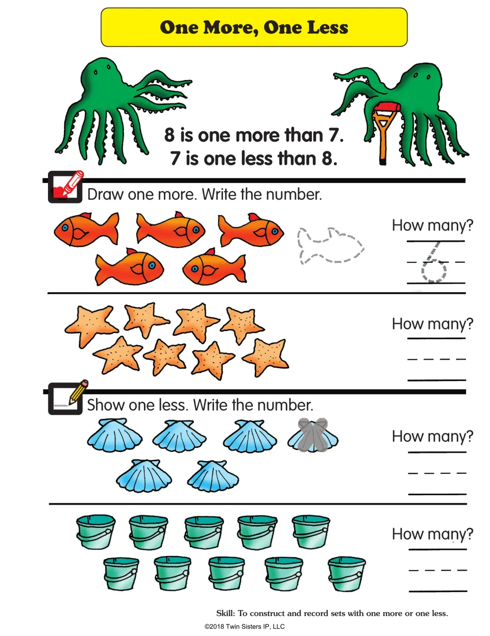 One More, One Less math practice asks students to add or cross out objects and write the resulting counts.