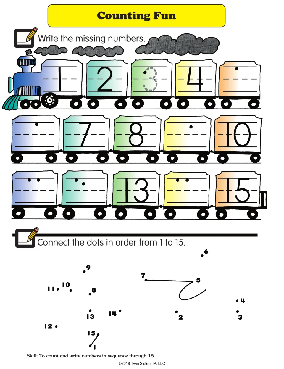 Counting Fun practice asks students to fill in missing train numbers and connect dots in order from 1 to 15.
