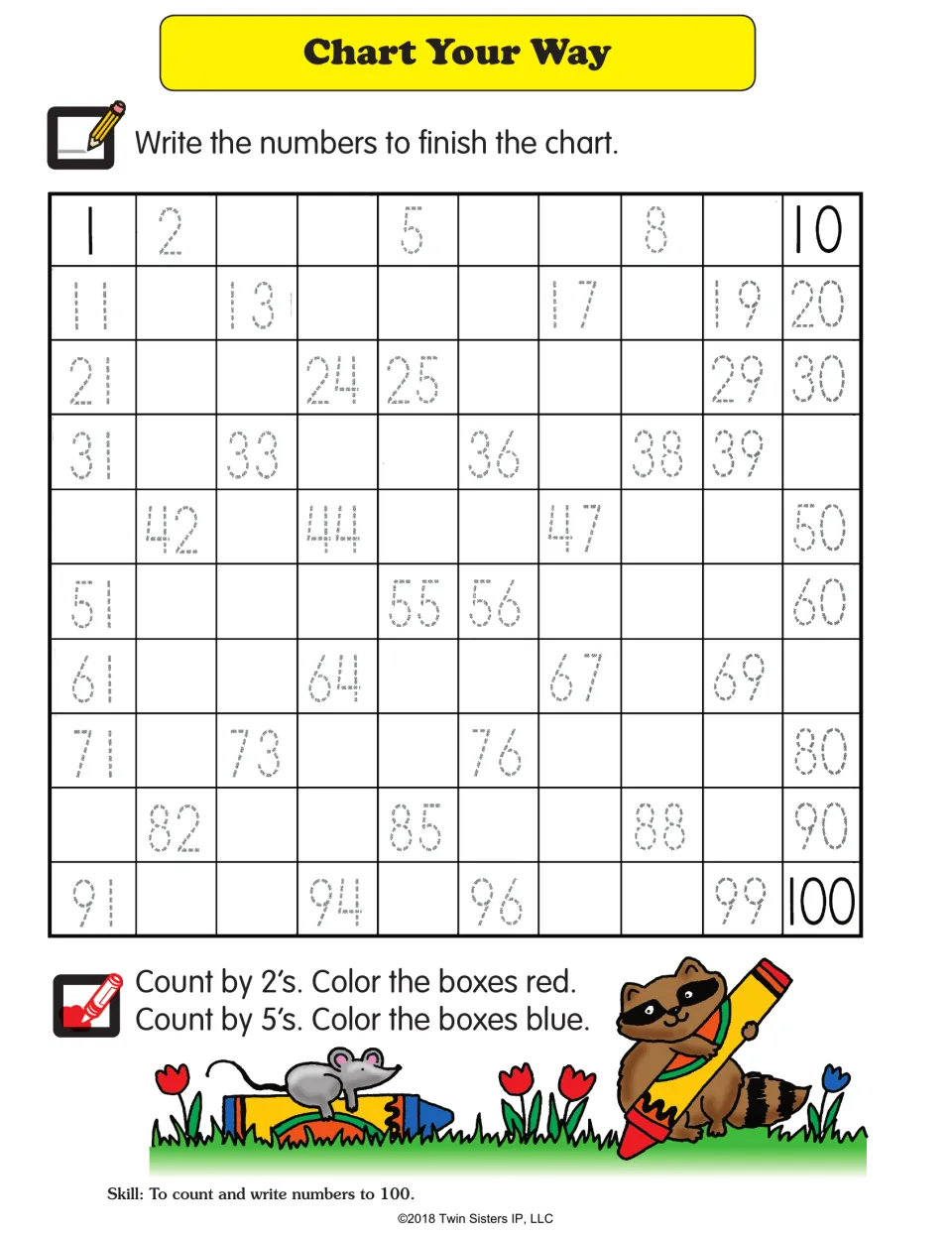 Chart Your Way math practice asks students to complete numbers 1–100 and color counts by 2s red and 5s blue.