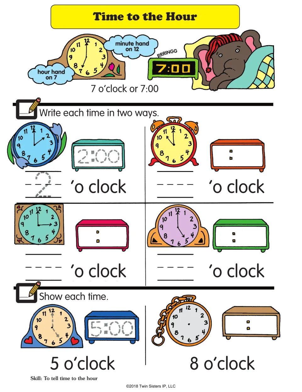 Time to the Hour practice asks students to read clocks, write times two ways, and show 5 o'clock and 8 o'clock.