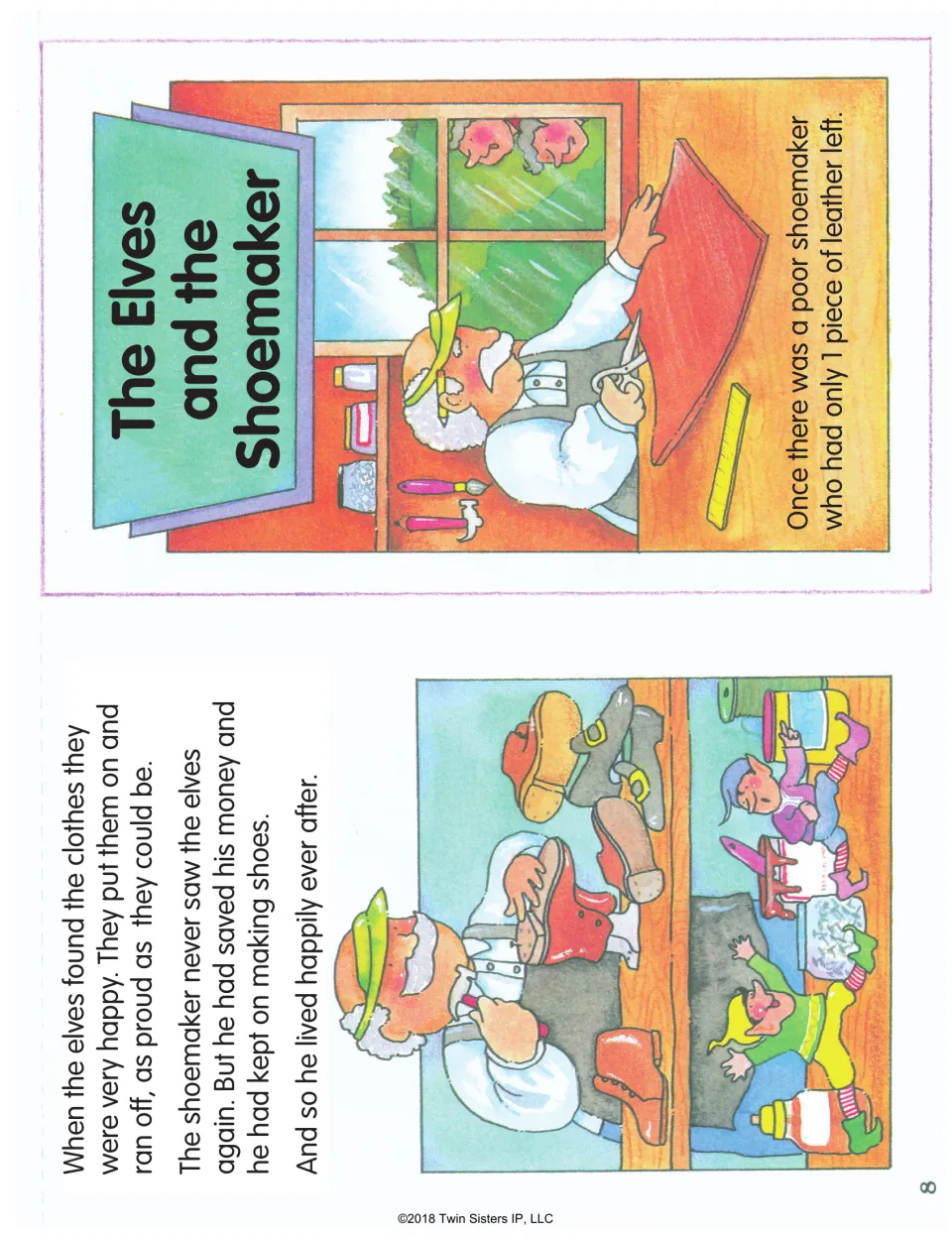 Story pages 1 and 8 introduce the poor shoemaker with one piece of leather and end with the elves leaving.