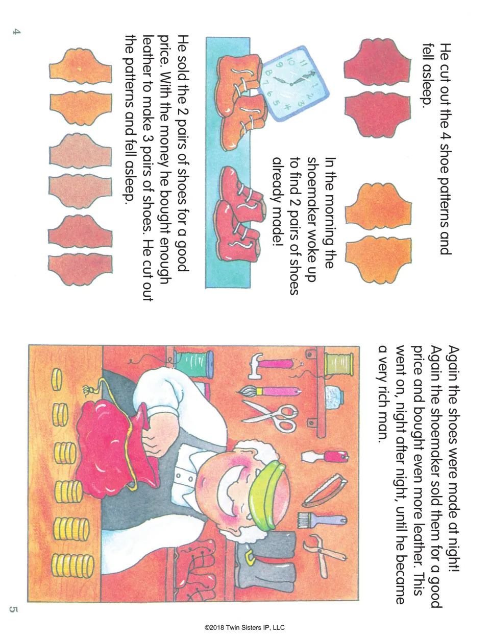 Story pages 4 and 5 follow two finished pairs of shoes, leather for three pairs, and the shoemaker growing rich.