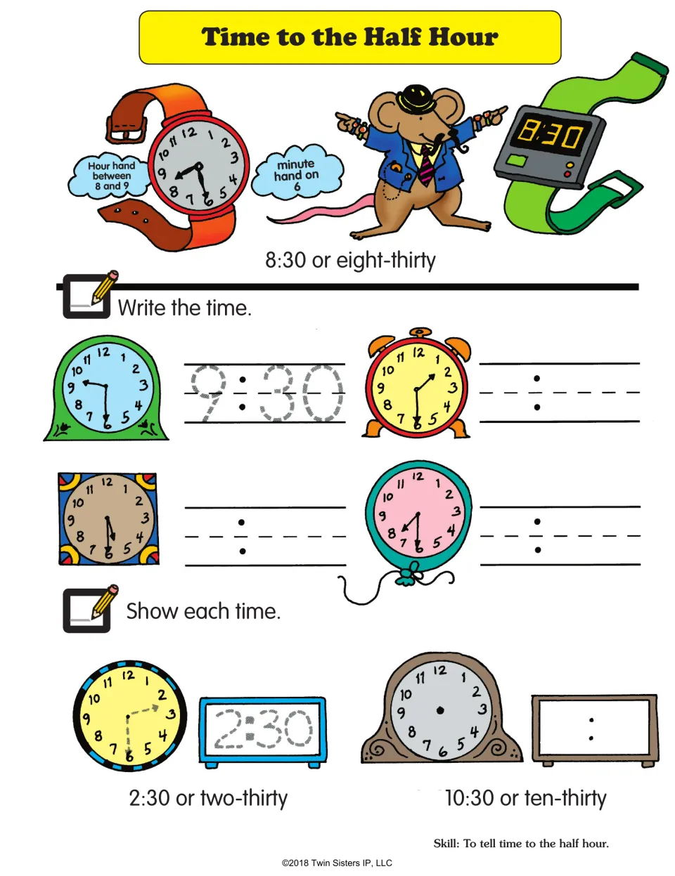 Time to the Half Hour practice models 8:30, asks students to read clocks, and has them show 2:30 and 10:30.