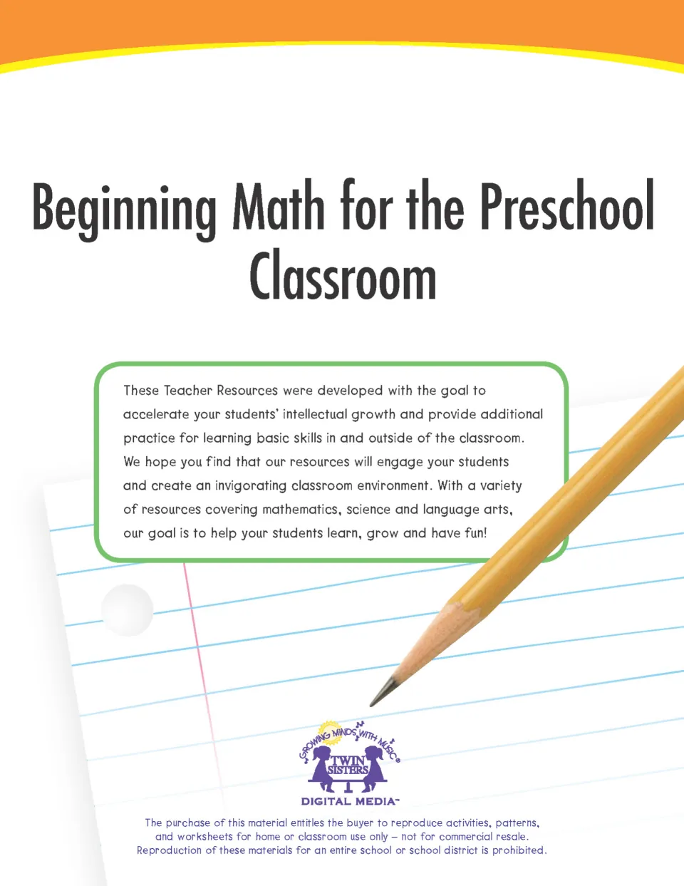 Cover of Beginning Math for the Preschool Classroom by Twin Sisters, with a welcome note and reproduction terms
