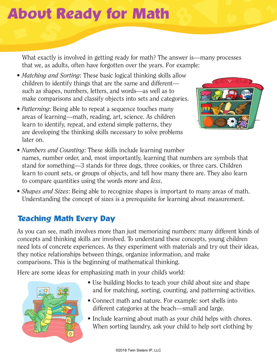 About Ready for Math: notes on matching, sorting, patterning, counting, shapes and sizes, plus everyday teaching tips