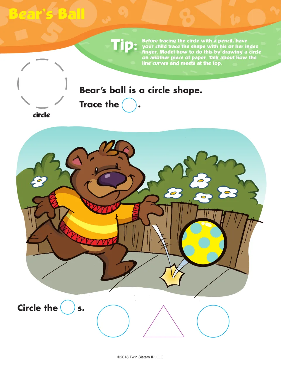Bear's Ball circle shape page: children trace a dashed circle, then circle the two circles in a row with a triangle