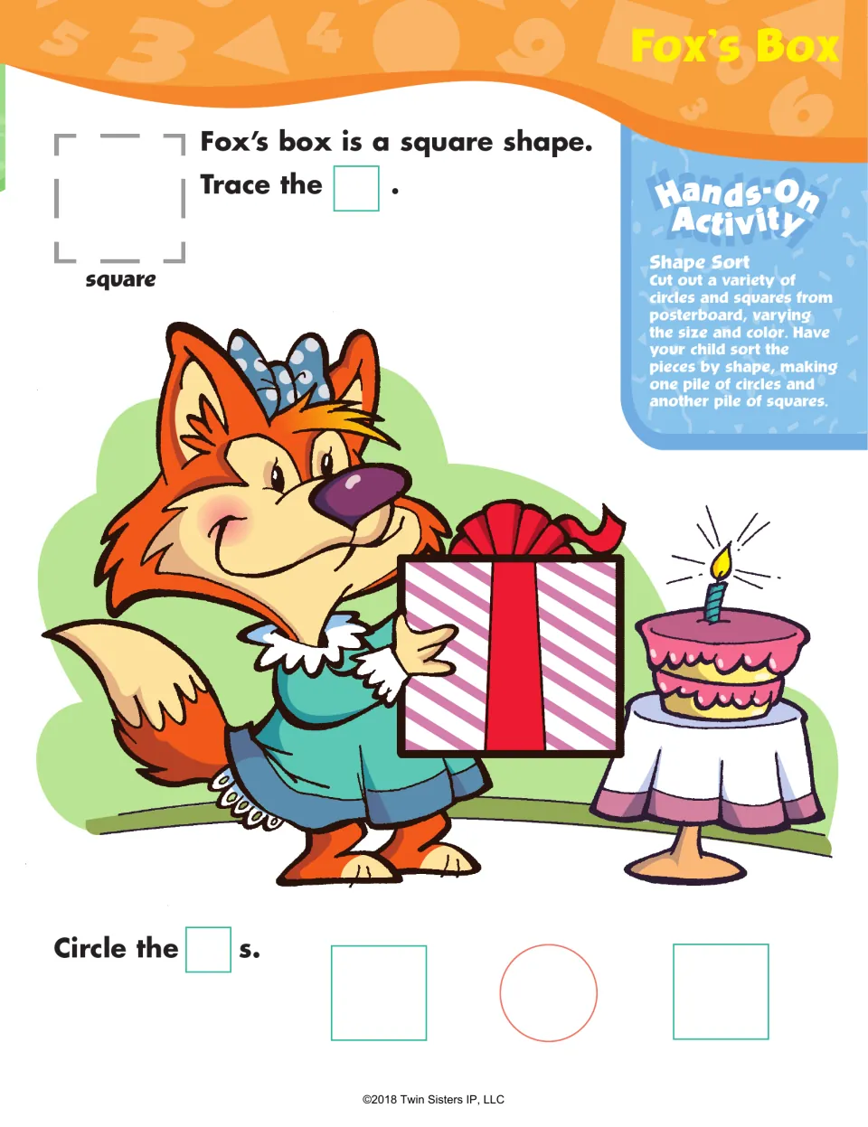 Fox's Box square shape page: children trace a dashed square, then circle the squares, with a Shape Sort hands-on idea