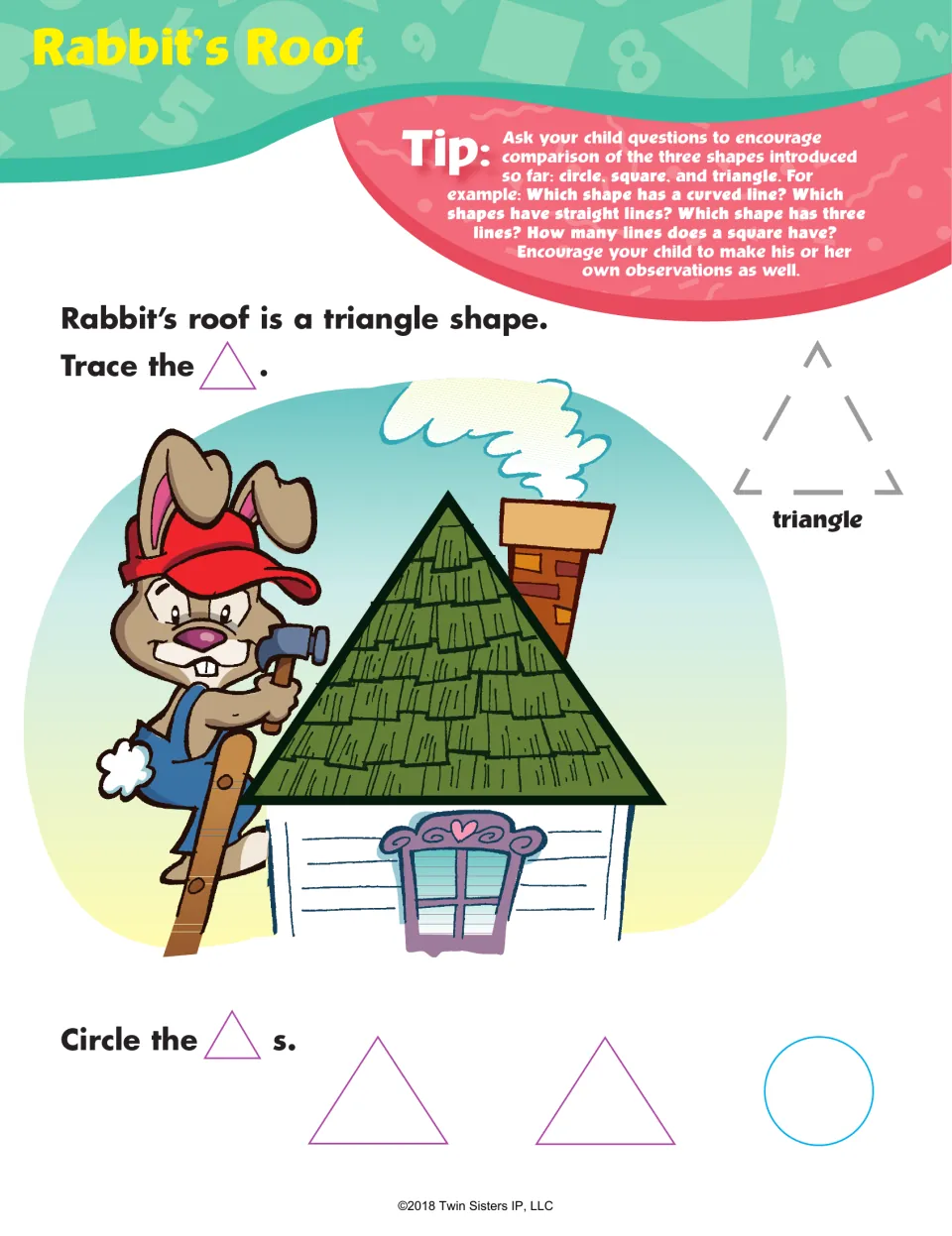 Rabbit's Roof triangle shape page: children trace a dashed triangle, then circle the two triangles beside a circle