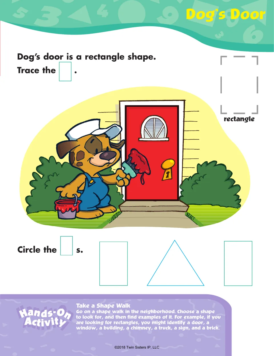 Dog's Door rectangle shape page: children trace a dashed rectangle and circle the rectangles, plus a shape walk idea